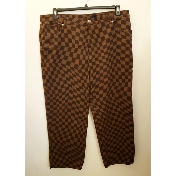 H&M Brown Checkered Denim Slit Hem Jean Pants Size XXL EUC - Picture 1 of 9